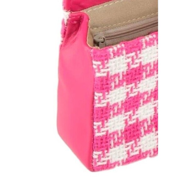 DESIGNER TSD12 PINK/WHITE CHECK FABRIC PRINT CHAIN DETAIL SMALL CROSSBODY BAG - Picture 10 of 13